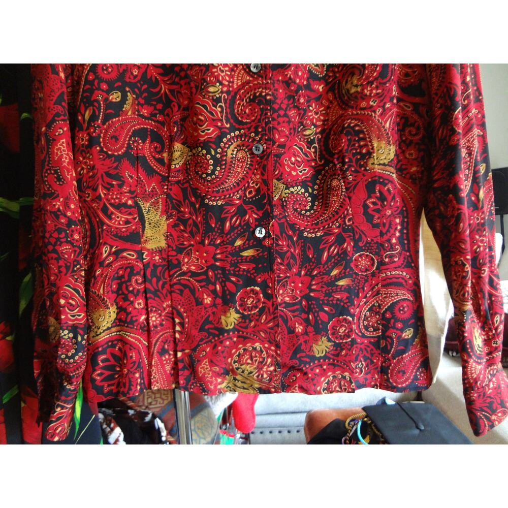 Vintage 90s Y2K Evan Picone Red Paisley SILK Button Down Blouse Plus 16 Boho - Picture 3 of 9